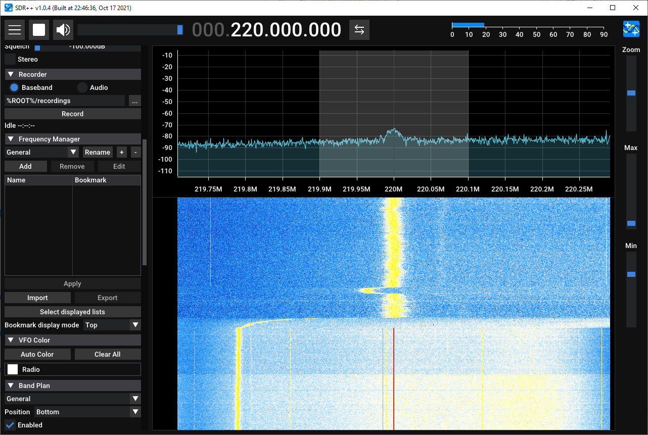 SDR++ baseband recording example near 220 MHz