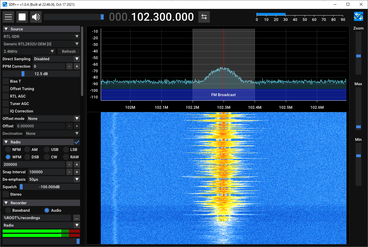 SDR++ tuned to 102.3 MHz in WFM mode