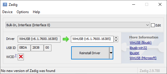 Zadig WinUSB setup for RTL-SDR interface 0